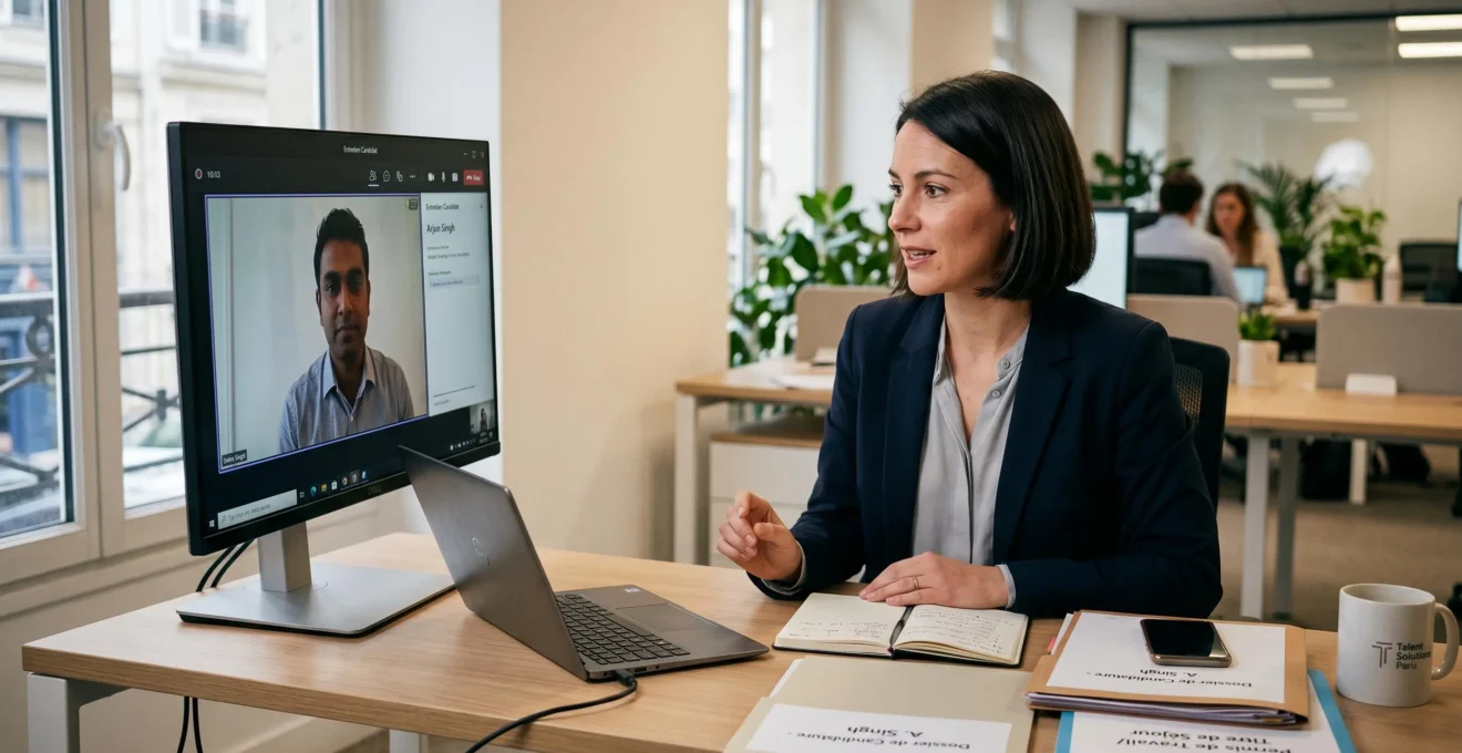 Consultant en recrutement international menant un entretien vidéo avec un candidat étranger, dossiers d'autorisation de travail sur le bureau, dans un bureau d'agence moderne en France