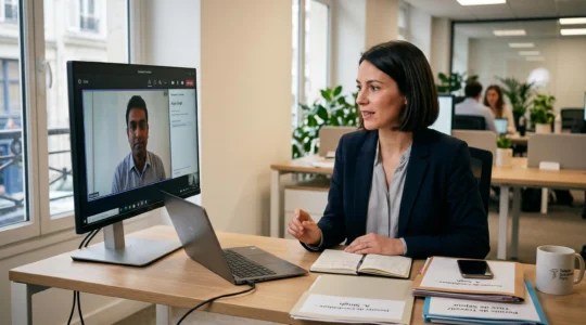 Consultant en recrutement international menant un entretien vidéo avec un candidat étranger, dossiers d'autorisation de travail sur le bureau, dans un bureau d'agence moderne en France