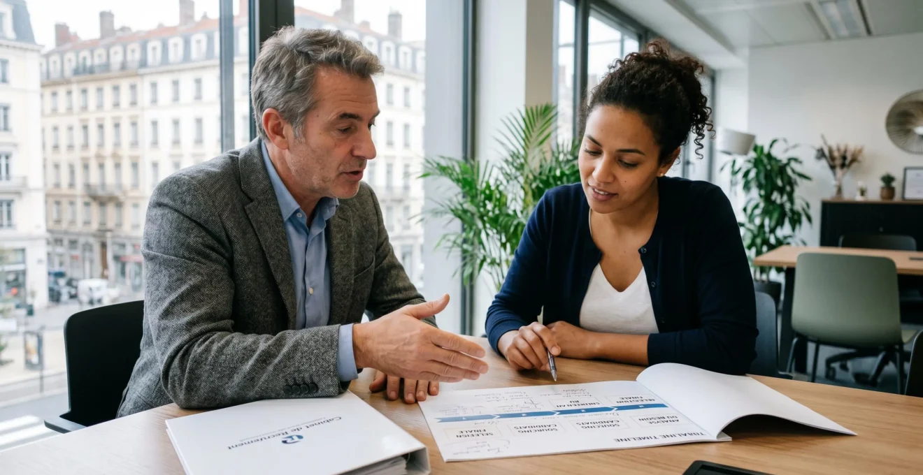 Consultant en recrutement et responsable RH examinant ensemble le planning d'embauche d'un candidat étranger, lors d'une réunion de suivi dans un bureau contemporain
